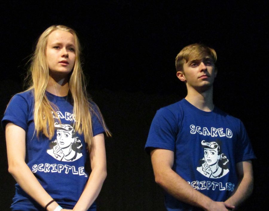 Seniors Natalia Szarmach and Carson Dowhan rehearse lines in the Little Theater.