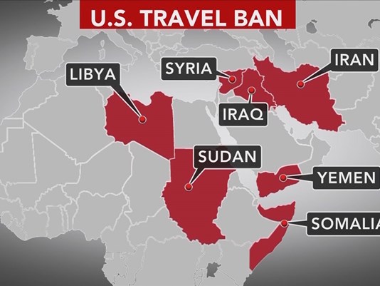 A map depicts the locations in which President Trump initiated a travel ban.