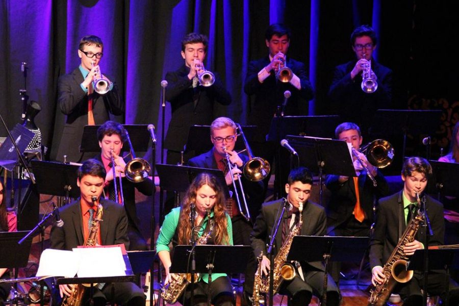 Jazz Band I performs in Monterey April 1, winning the Next Generation Jazz Festival. Musicians from back row left are: Kevin Prough, Artem Rossin, Leonard Markiewicz, Harrison Collard, Kirby Galbraith, Andy McKimmy, Cameron Paloutzian, Aaron Hayashi, Kiki Kotsos, Marcello Pajoh-Casco and Cameron Wanser. Jazz Bands I and II perform Monday, May 22 at Yoshi’s in Oakland. 