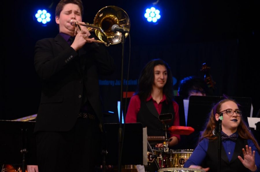 Junior Kirby Galbraith, senior Stephanie Guerrero, and senior Sophie Haney perform March 10 with Jazz Band I in Monterey, winning the top honor of the Next Gen festival.