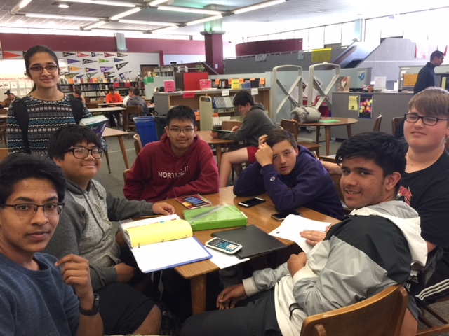 Hanging out in the library: Freshmen Harsheeth Aggarwal, Paul Valencia, sophomore Priya Raman, and freshmen
Dillon Fletcher, Aaron Carlton, Drew Fox, and Oman Omar have a study session in the
library after school on May 15.