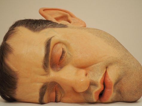 A hyperrealistic sculpture of a man’s face.

