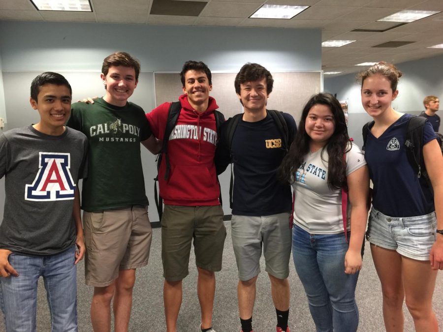 Class of 2019 seniors Mitchell Chang, Daniel McFarland, Mateo Etcheveste, Adam Woo, Mia Caparez and Jessie Biddle proudly rep attire for their future schools on national college decision day.