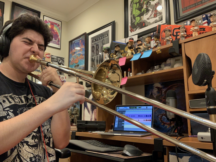 At home during Northgate’s online learning, Sebastian Zamarripa uses state-of-the-art recording gear while he practices trombone for the Northgate Jazz Band I. He is also in Wind Ensemble.
