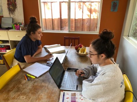 Seniors Zoe Moss, left, and her sister, Camille, participate in their sociology class first period Monday Oct. 5.  Zoe Moss said shes disappointed to not be in school but pleasantly surprised with how smoothly classes are going. 