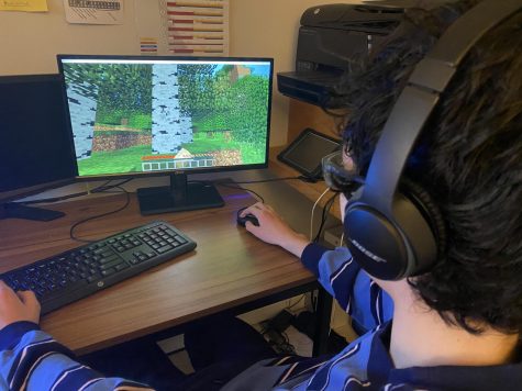 Freshman Sean Donelan  enjoys a popular video game called Minecraft in January.