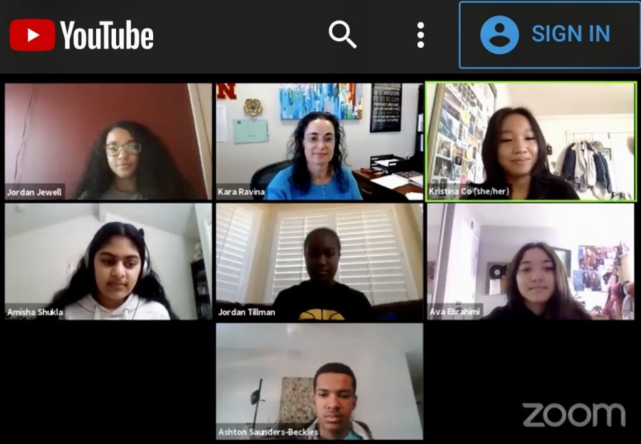 Participating by Zoom in a live forum during the introductory portion of the Dec. 9 forum are, from top right corner moving clockwise: Senior Christina Cổ, junior Ava Ebrahimi, freshman Ashton Saunders-Beckles, freshman Amisha Shukla, freshman Jordan Jewell, Vice Principal Kara Ravina and center, junior Jordan Tillman.