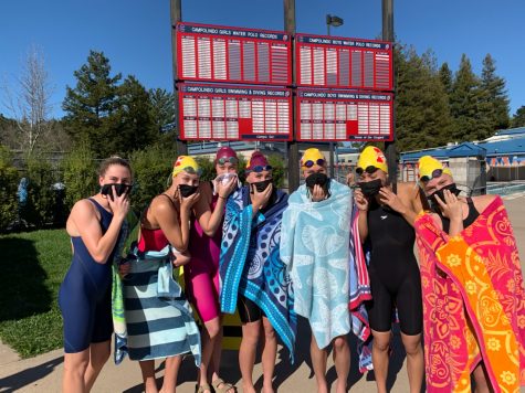Northgate swimmers enjoy the down time during the March 26 meet at Campolindo High School, a five-team meet and the only one of the season. From left to right are freshman Abby Fox, freshman Josie Croy, junior Jaley Croy, senior Jasmine Kohlmeyer, junior Alyssa Lund, and senior Ainsley McNulty.