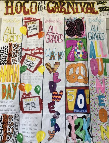 Homecoming at the Carnival is the theme of this years homecoming week, and students leaders have been busy planning for the week, including creating this sign hanging in the forum that lists all of the dress-up days and themes for each grade level.