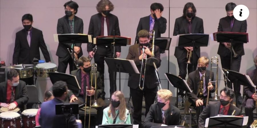 Senior Sebastian Zamarripa, standing while playing a trombone solo during Jazz Band I's Nov. 18 concert at Diablo Valley College, is one of the student leaders for Band and Orchestra Student Senate, or BOSS.