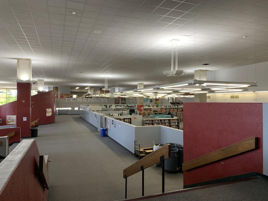 When Northgate opened in 1974, the layout was open, with ample space to move around. Five-foot walls, like the ones still present in the library and the science wing, and partitions served as the dividers between classrooms. This is the central area of the school, with the library in the center, in March.