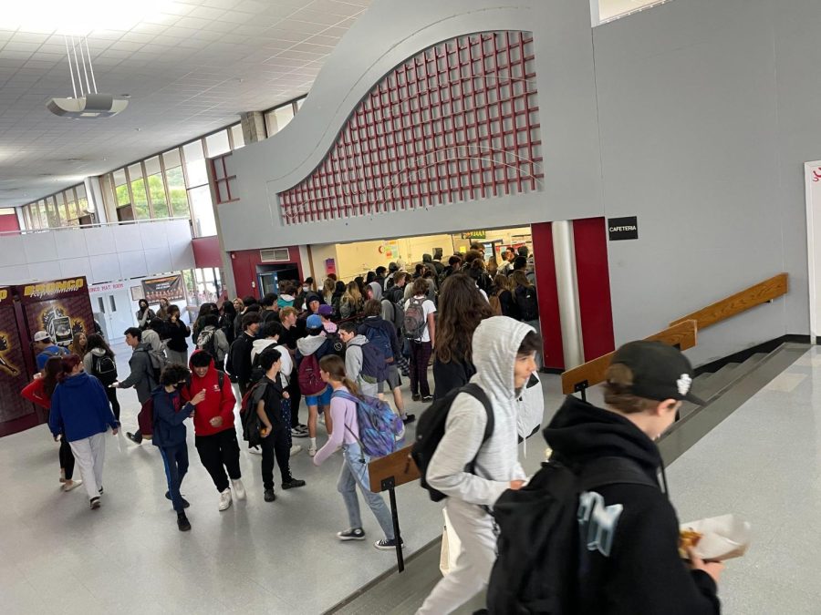 Free food at brunch and lunch this year means the cafeteria serves as many as 900 meals a day. This is lunchtime on March 28.