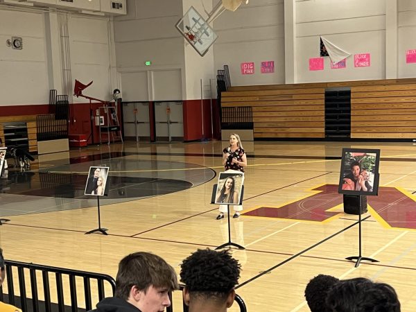 Kelly Perkins, a teacher at Ygnacio Valley High School and parent of Northgate graduates, addresses the senior class Oct. 12 about the dangers of fentanyl, sharing the tragic death of her son, Carson. Perkins has formed a nonprofit Carsons Wings of Hope, and is speaking with students to promote awareness and save lives. 