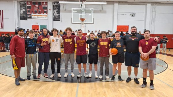 Students who captured Northgates March Madness championship with five wins during the two-week tournament March Madness squared off against teachers on March 8. From left are PE teacher Ben Ballard, junior Nico Martin, senior Jason Olvera, junior Grayson Boustead, senior James Alexander, Vice Principal Tyler Rosecrans, social studies teacher Mitchell Woerner, senior Jackson Huffman, PE and social studies teacher Lauren Lahey, English teacher Daniel Horne, and Alec Skyhawk-Reed, a PE credential program teacher.