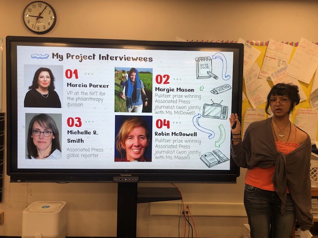 Senior Lola Medina explored the past, present and future of journalism, interviewing four power journalists who set media standards and left a legacy in their work.  Here, she presents her findings to her English class May 21.