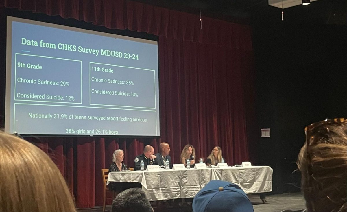 Panel Speakers at the Aug. 27 discussion on gun violence and promoting student safety include from left to right: Mayor Loella Harlow, Chief Jamie Knox, MDUSD Superintendent Adam Clark, Northgate Principal Kelly Cooper, and Special Work Specialist Merritt Rollins